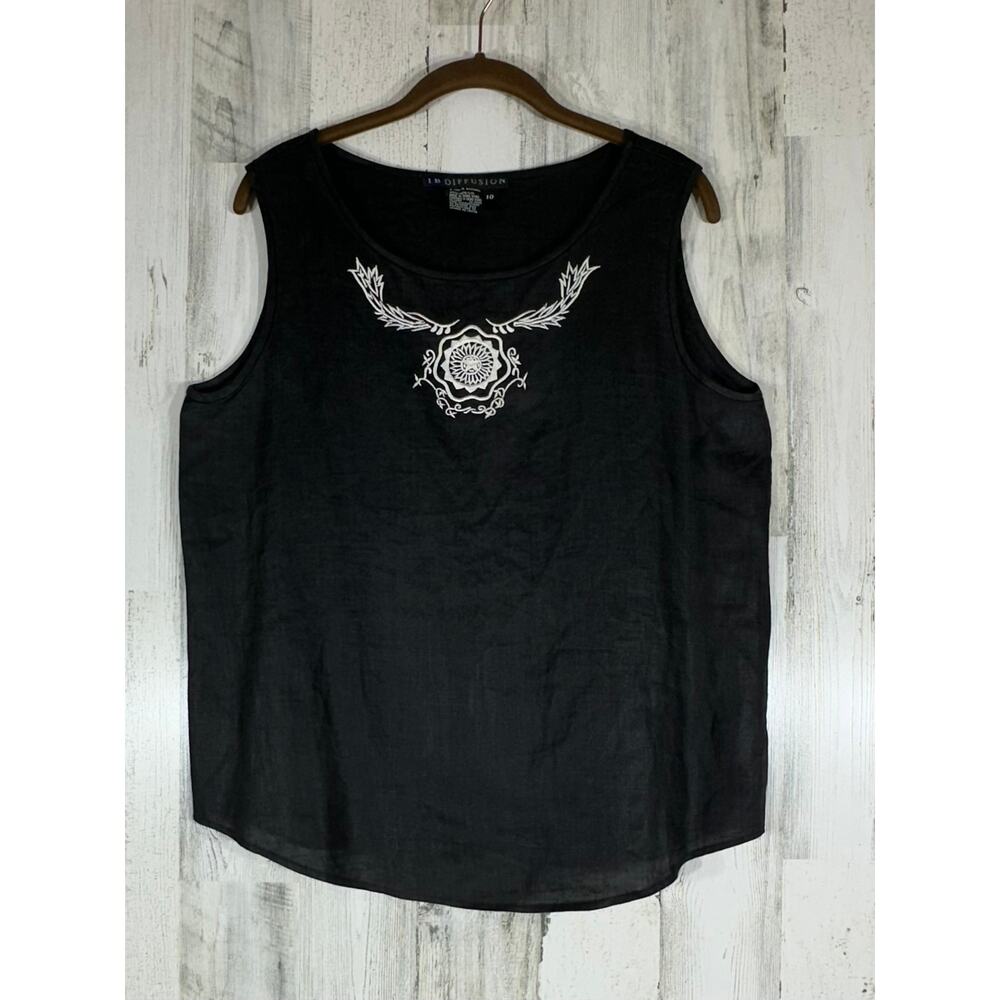 IB Diffusion Linen Tank Sleeveless Top Size 10 Black Embroidered 1990‎ Vintage